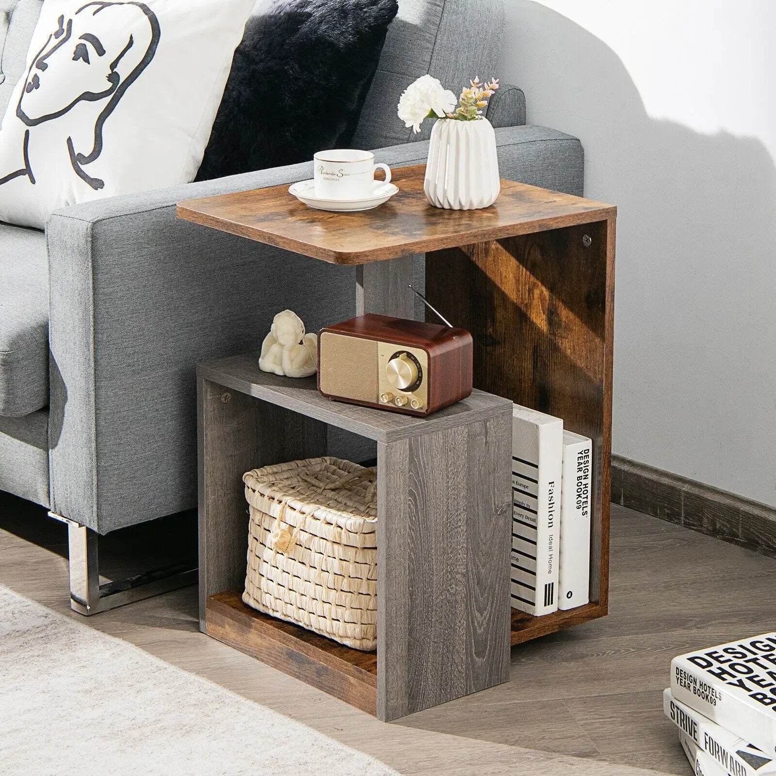 3-Tier End Table with Open Storage Shelf for Living Room Bedroom-Brown by DirectDeals