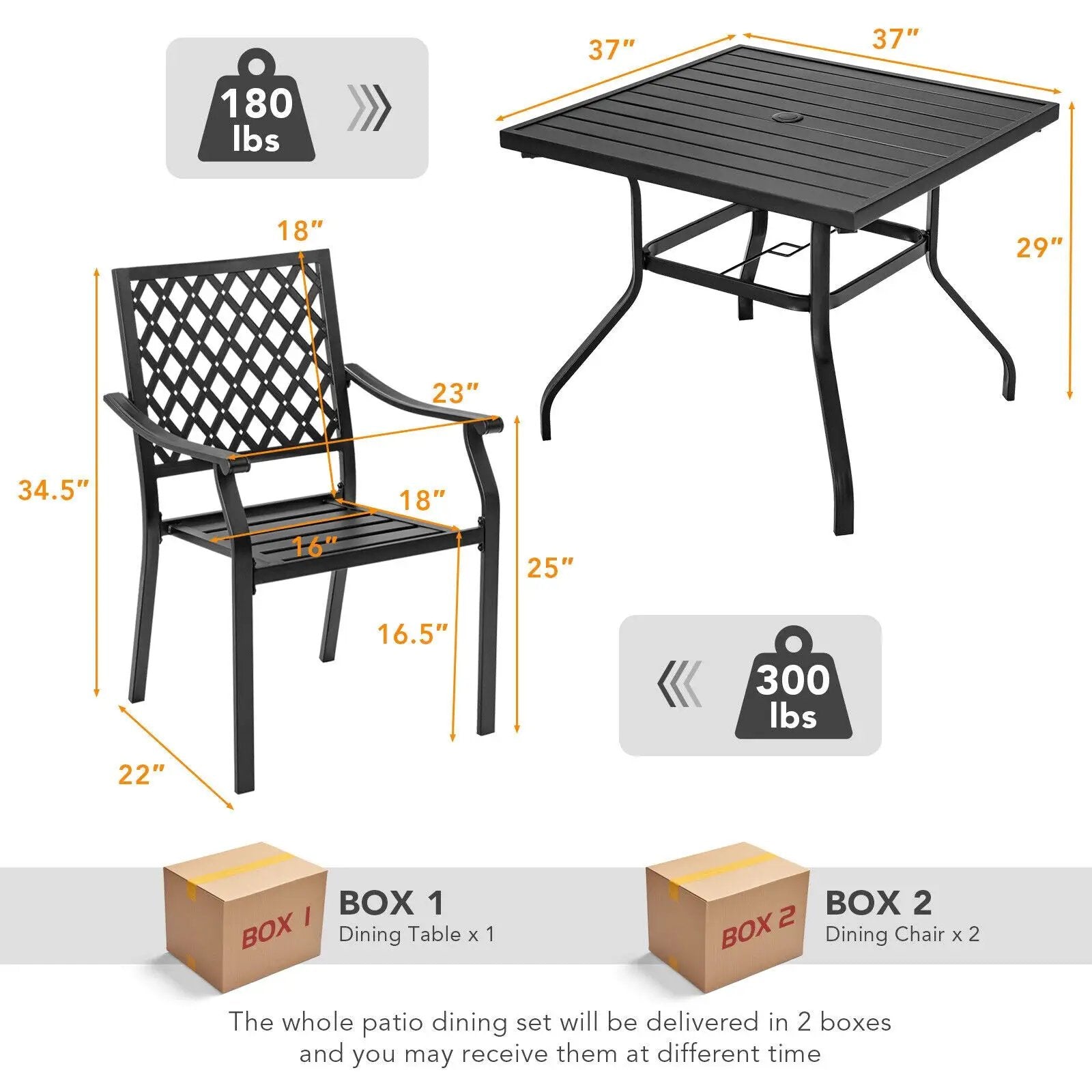 3 Pieces Patio Dining Set Stackable Chairs Armrest Table with Umbrella Hole by DirectDeals