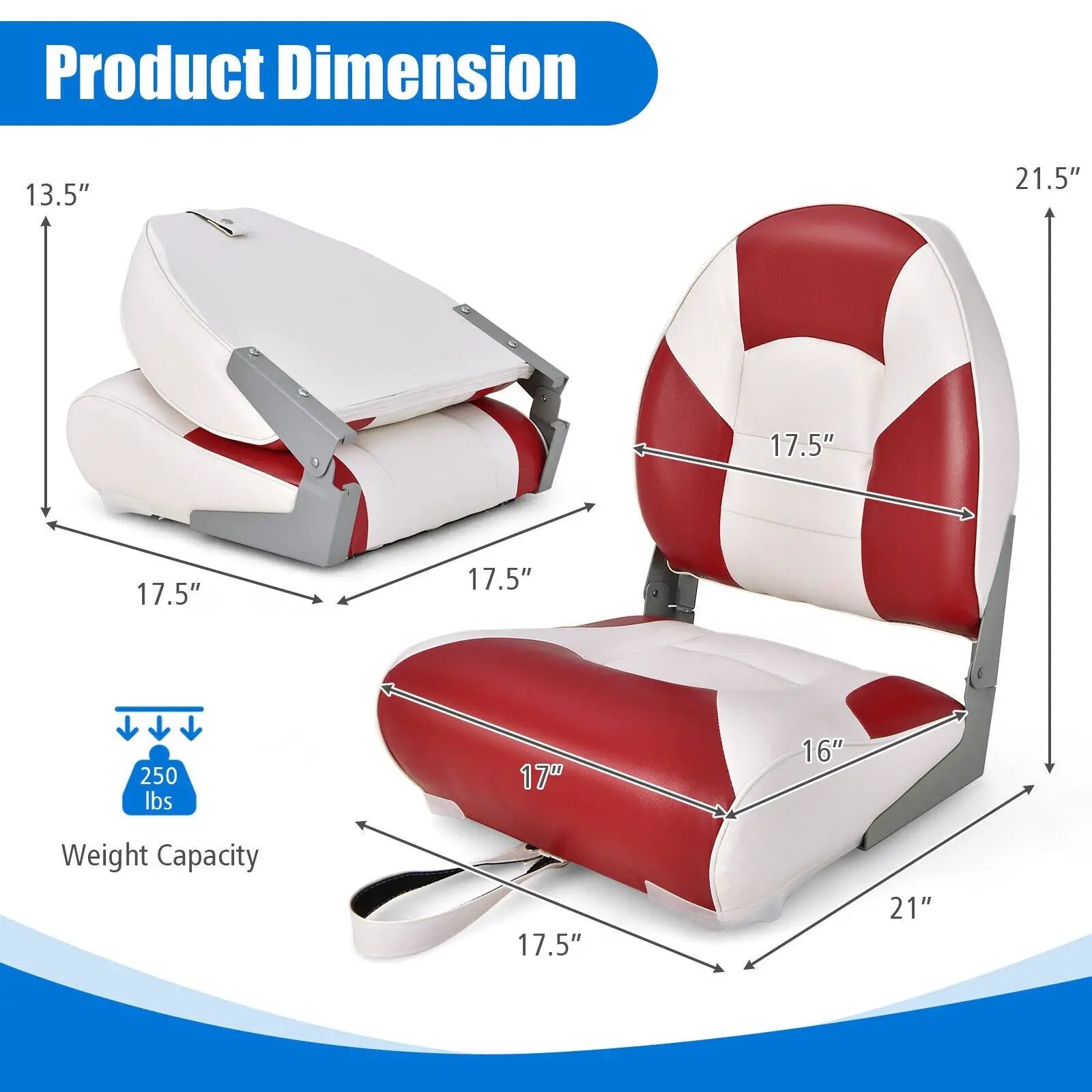 Low Back Boat Seat Folding Fishing chair with Thickened High-density Sponge Padding-Red by DirectDeals
