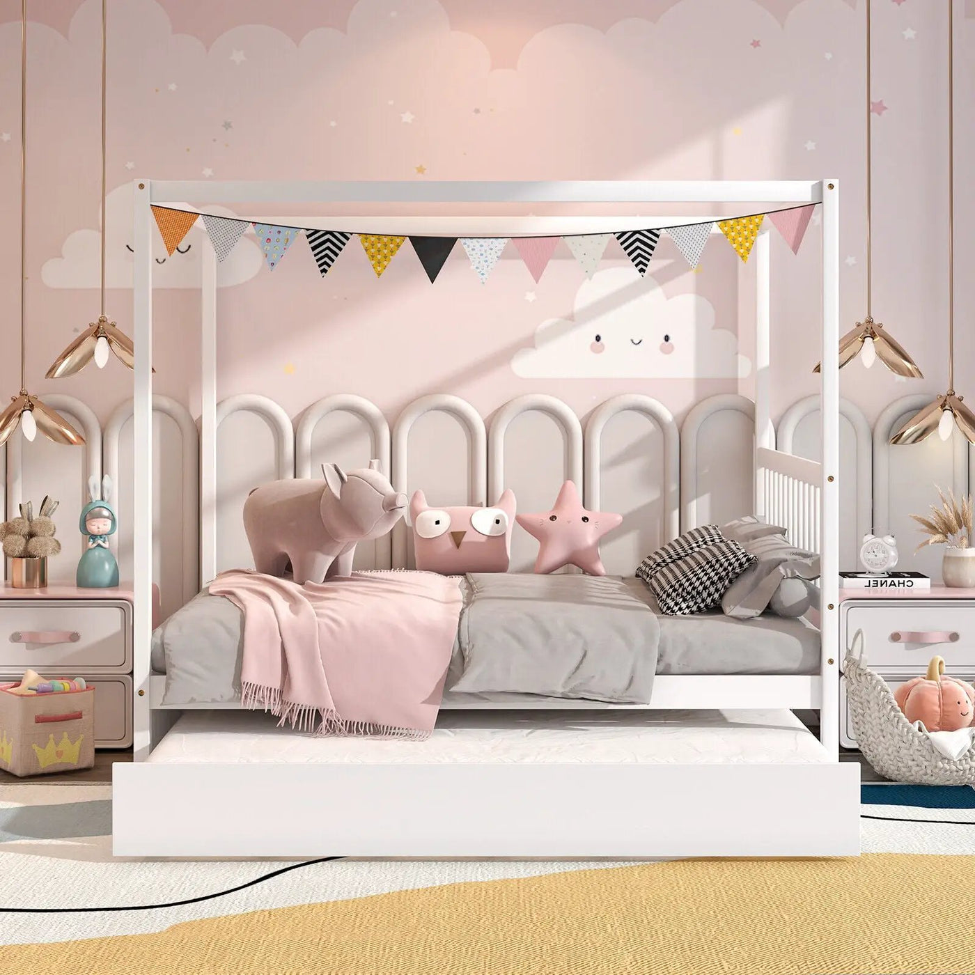 Full Size Canopy Bed with Trundle Wooden Platform Bed Frame Headboard by DirectDeals