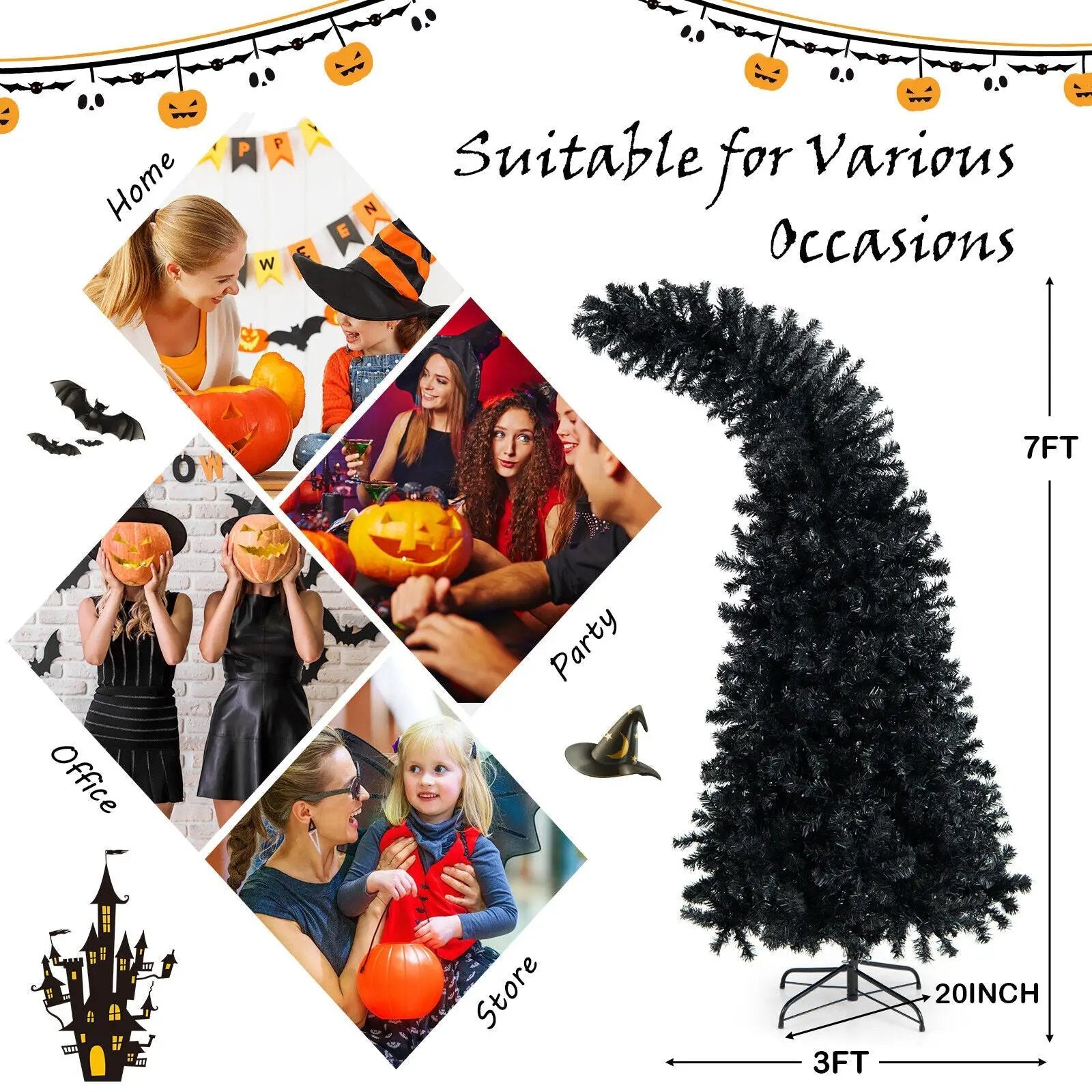 7 Feet Pre-Lit Black Halloween Tree with 8 Flash Modes and 400 Lights by DirectDeals