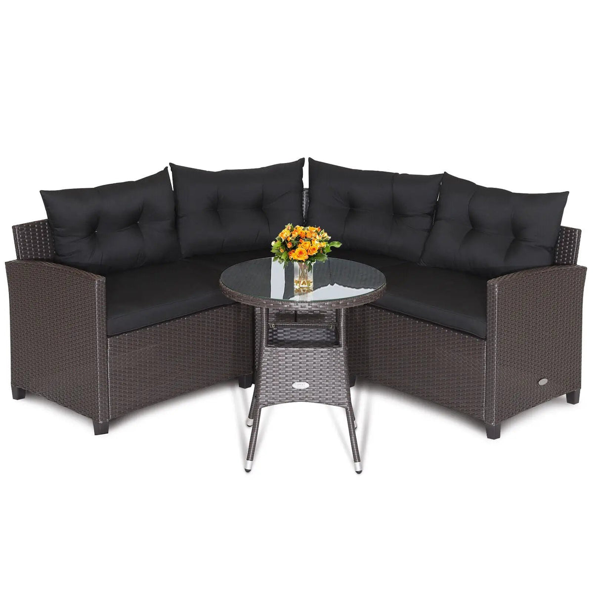 4 Pieces Patio Rattan Furniture Set Cushioned Sofa Glass Table by DirectDeals