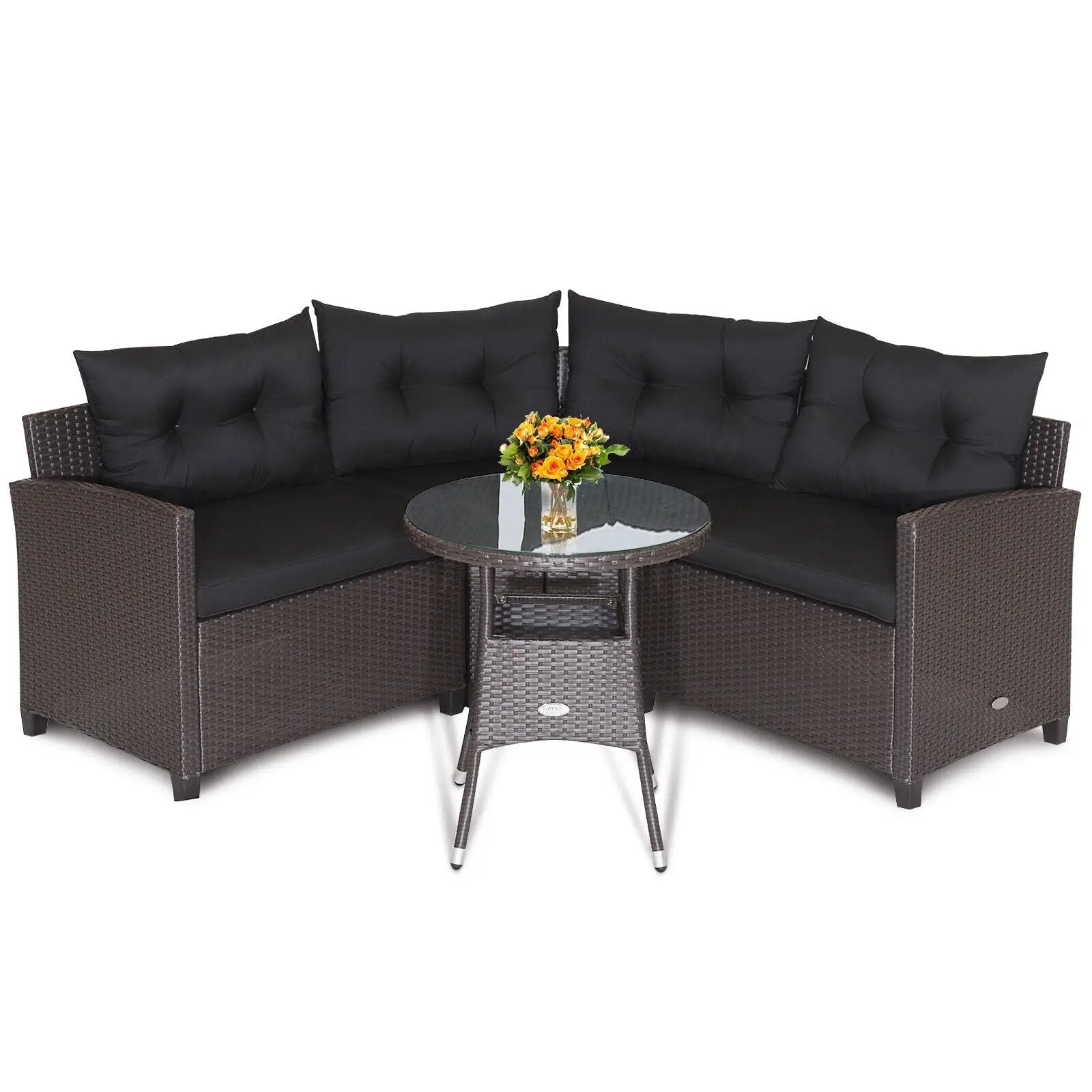 4 Pieces Patio Rattan Furniture Set Cushioned Sofa Glass Table by DirectDeals