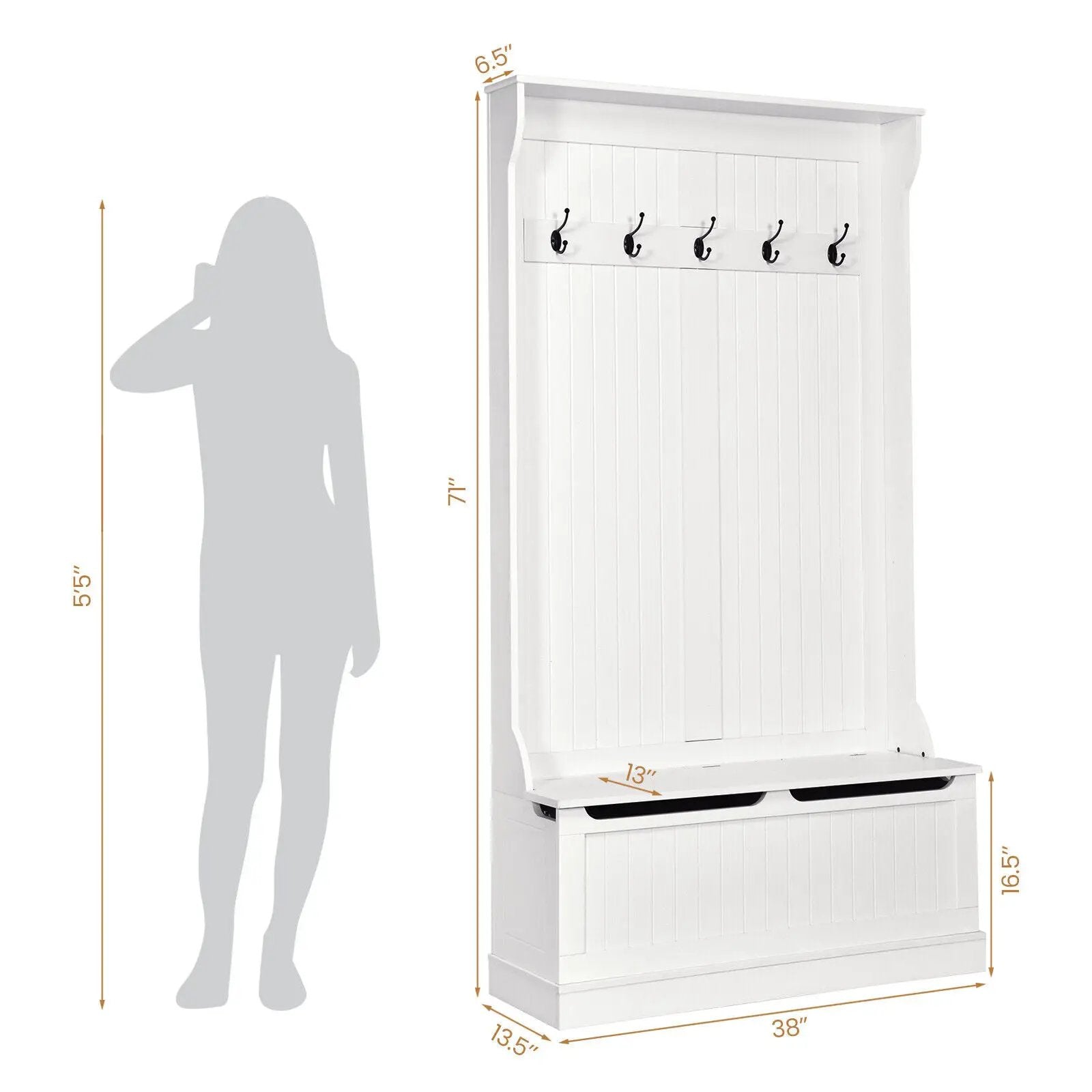 3-in-1 Entryway Hall Tree Coat Rack Shoe Bench with Hooks and Bottom Storage-White by DirectDeals