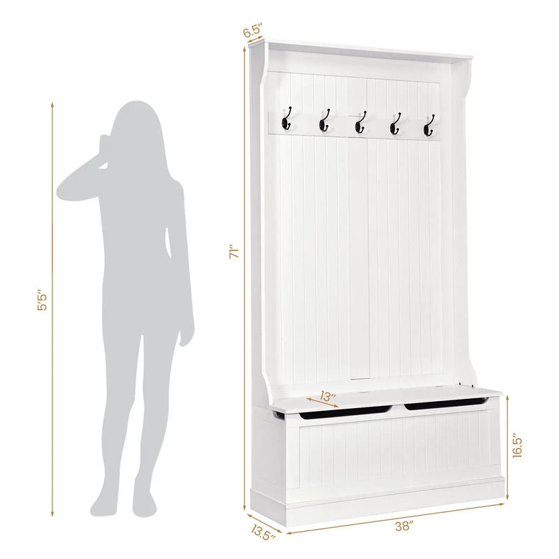 3-in-1 Entryway Hall Tree Coat Rack Shoe Bench with Hooks and Bottom Storage-White by DirectDeals