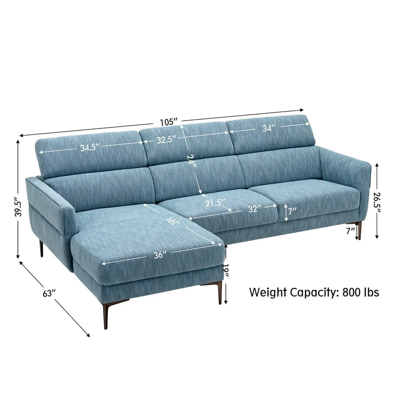 105 Inch L-Shaped Sofa Couch with 3 Adjustable Headrests-Blue by DirectDeals