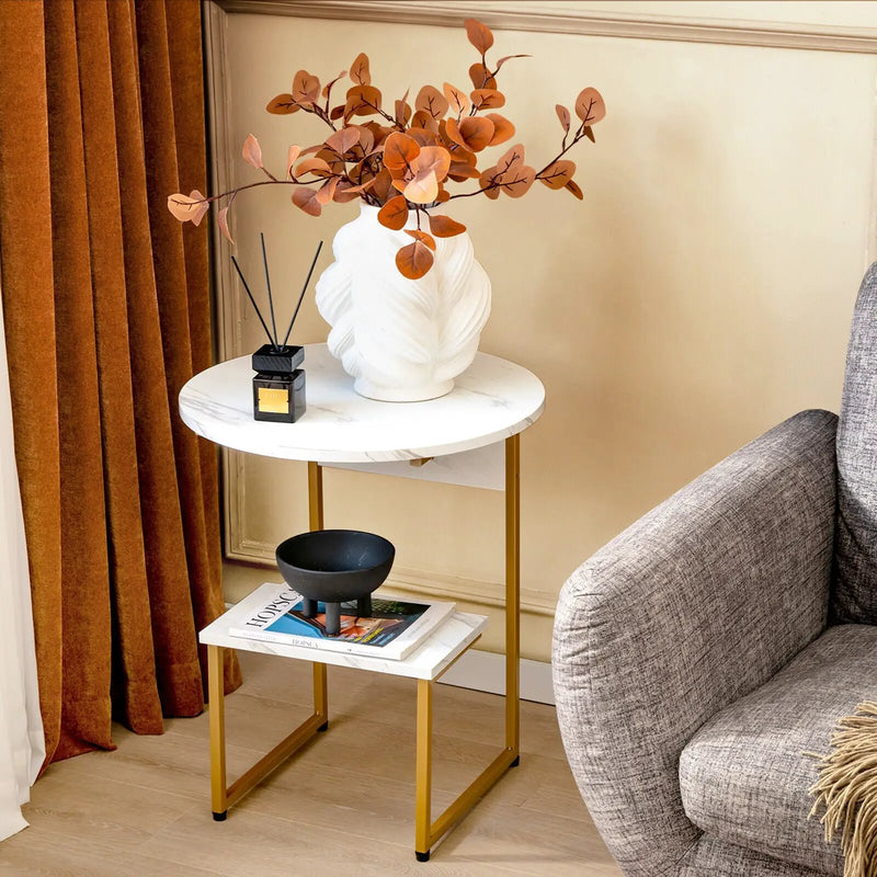 2-Tier Round End Beside Table with Metal Frame-White by DirectDeals