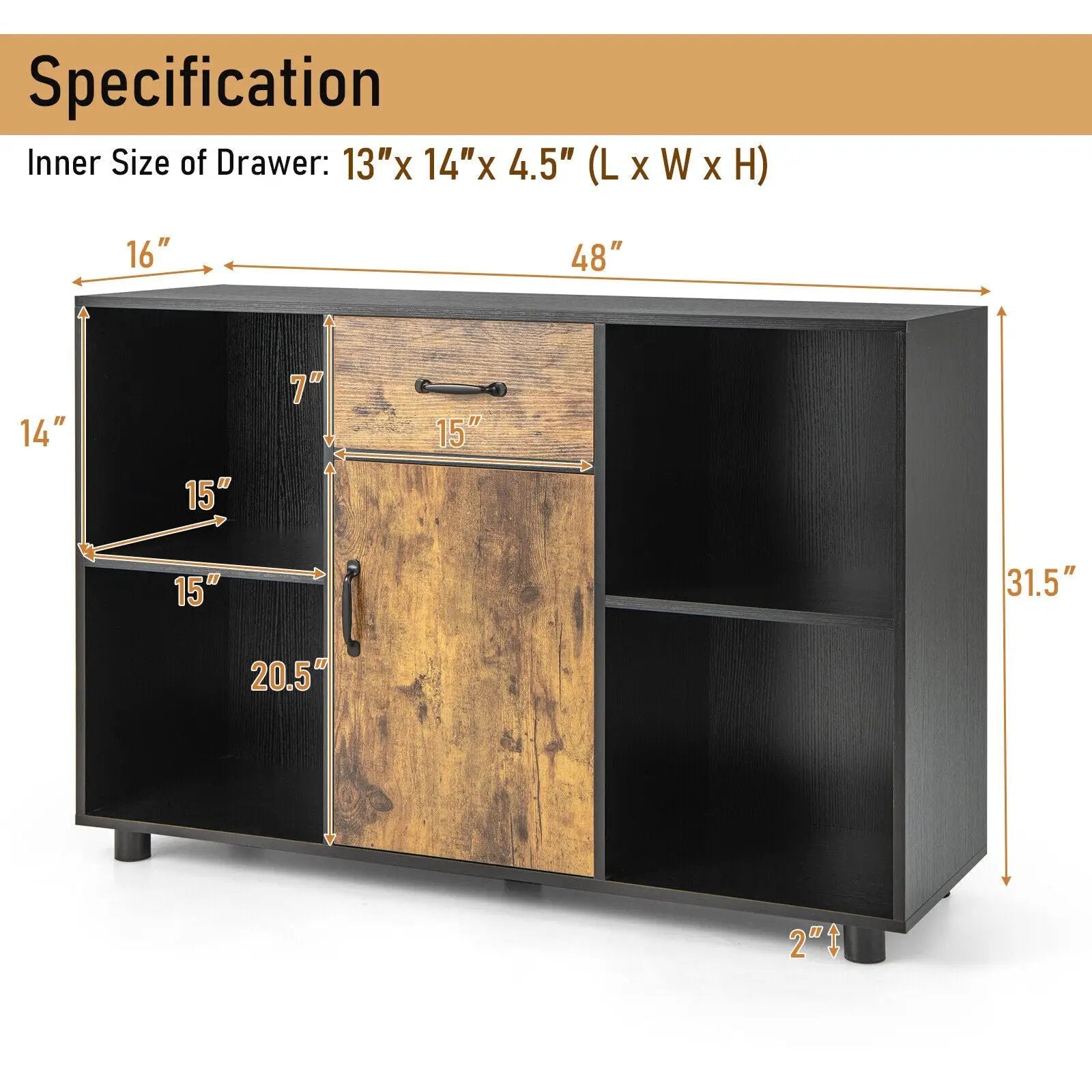48 Inch Industrial Buffet Sideboard with 4 Open Cubbies by DirectDeals