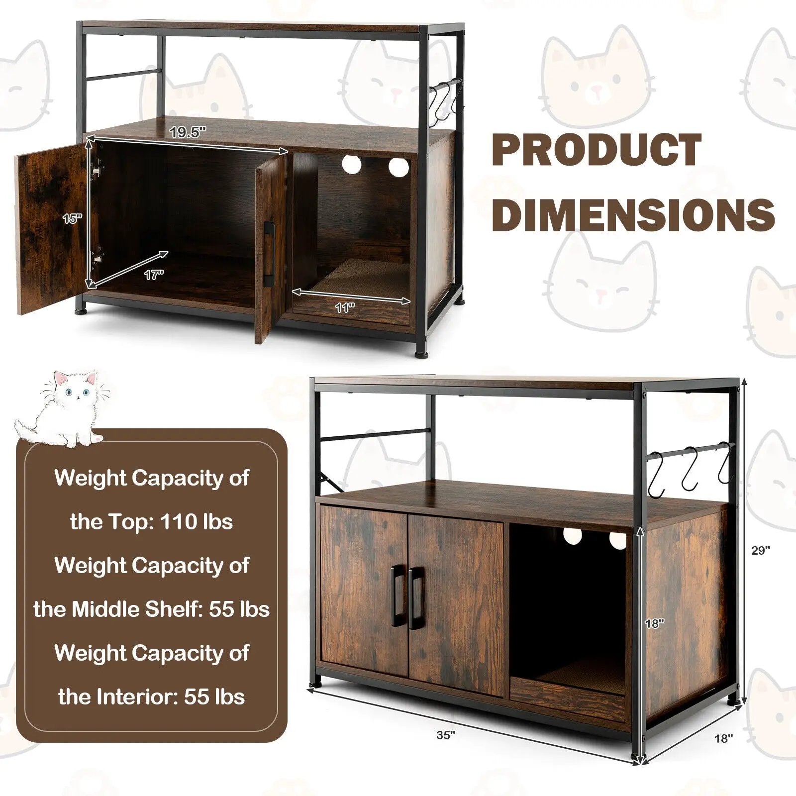 Wooden Cat Box Cabinet with with Metal Frame and Scratching Pad-Rustic Brown by DirectDeals