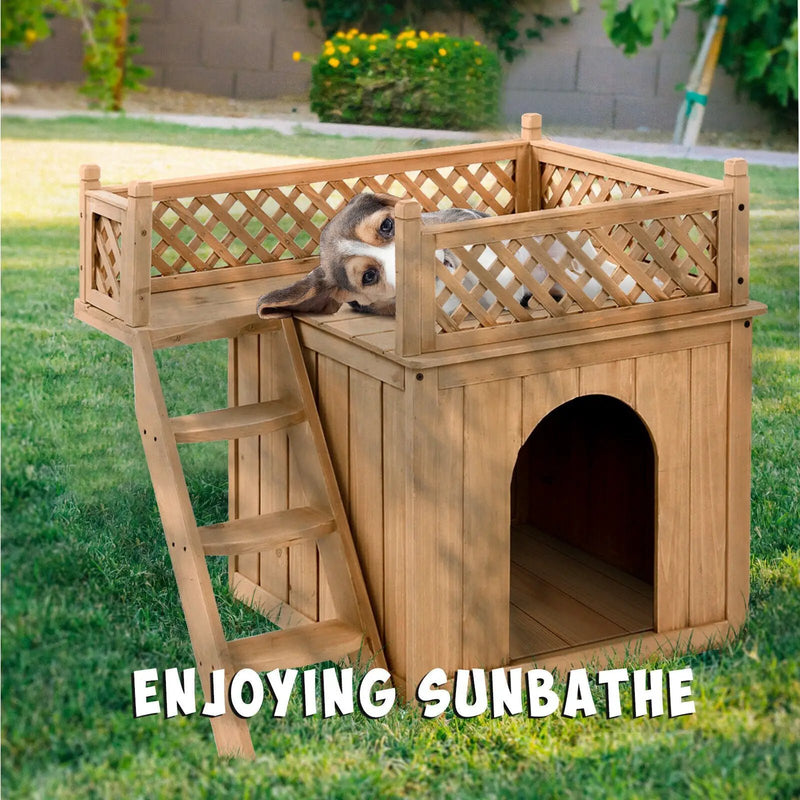 Wooden Dog House with Stairs and Raised Balcony for Puppy and Cat by DirectDeals
