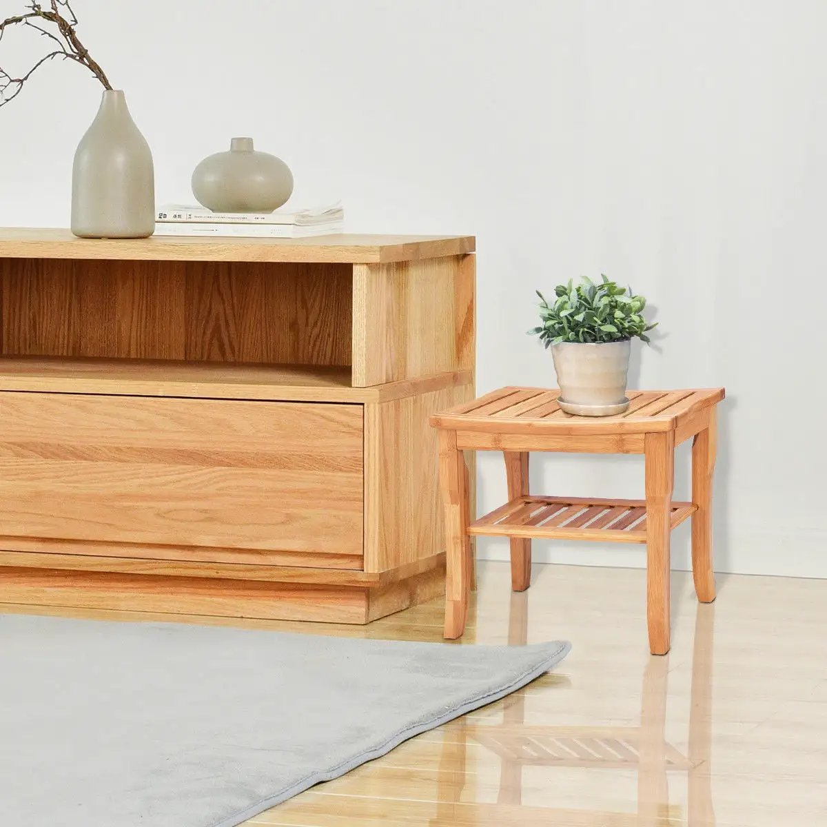 Bathroom Bamboo Shower Chair Bench with Storage Shelf by DirectDeals