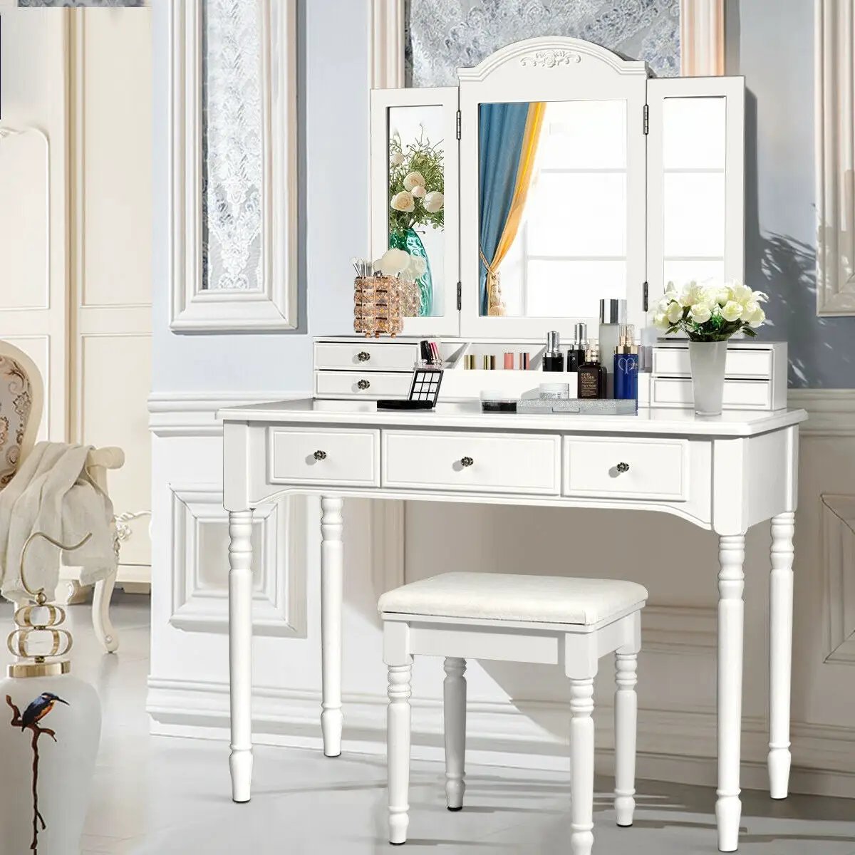 Makeup Dressing Table with Tri-Folding Mirror and Cushioned Stool for Women by DirectDeals