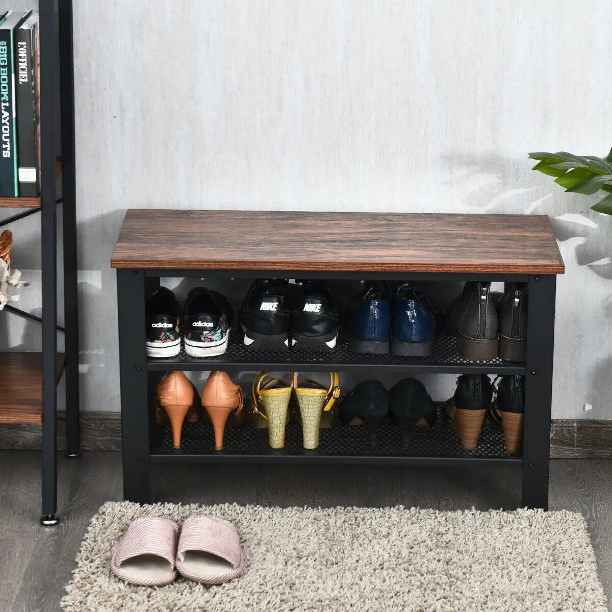 3-Tier Shoe Rack Industrial Shoe Bench with Storage Shelves by DirectDeals