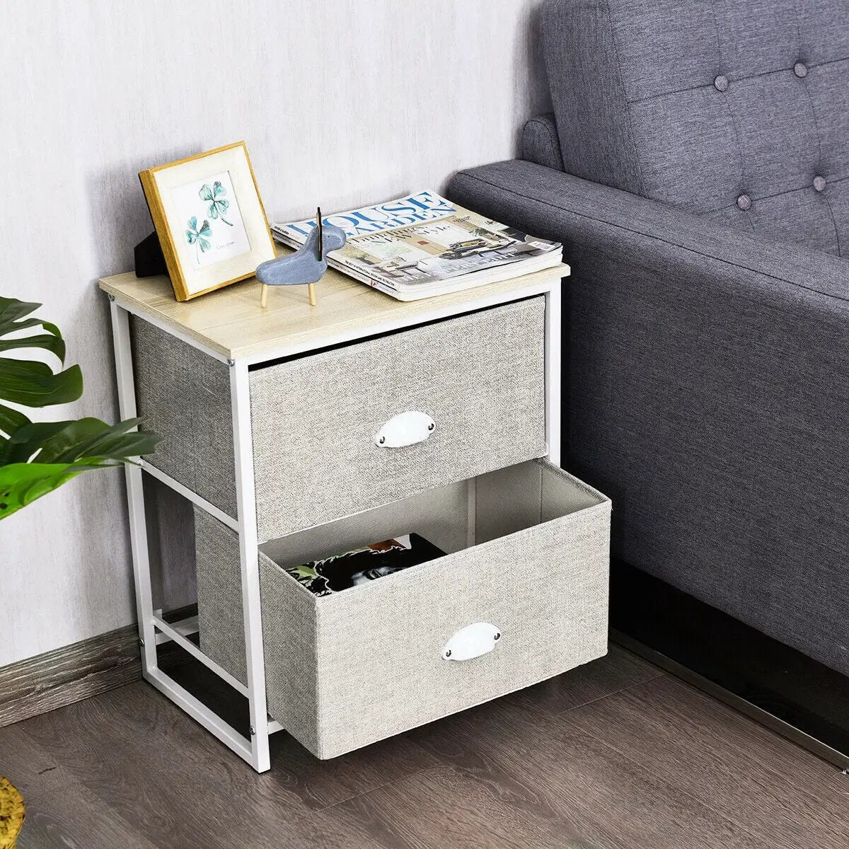 Metal Frame Nightstand Side Table Storage with 2 Drawers-Gray by DirectDeals