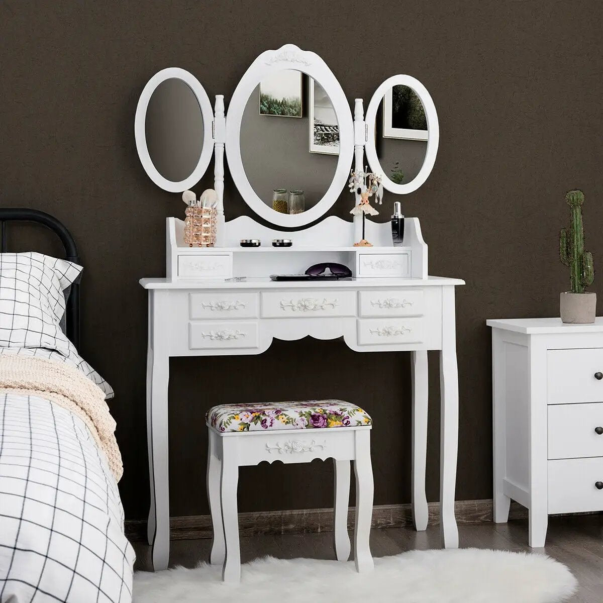 7 Drawer Tri-Folding Mirror Dressing Vanity Makeup Set by DirectDeals