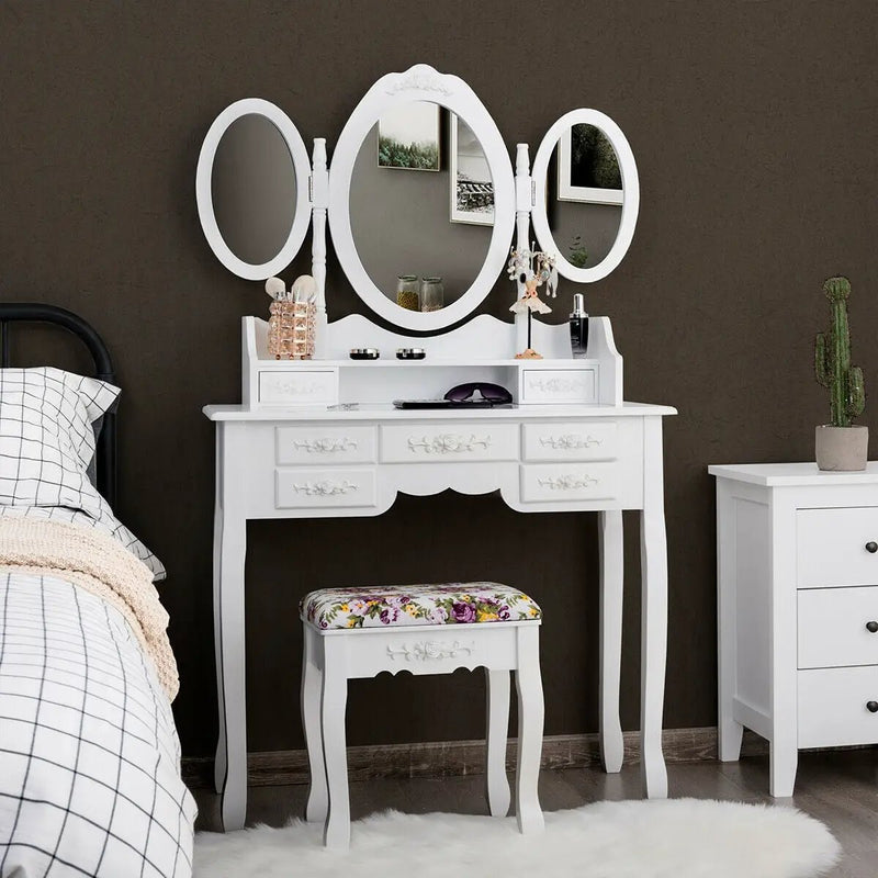 7 Drawer Tri-Folding Mirror Dressing Vanity Makeup Set by DirectDeals