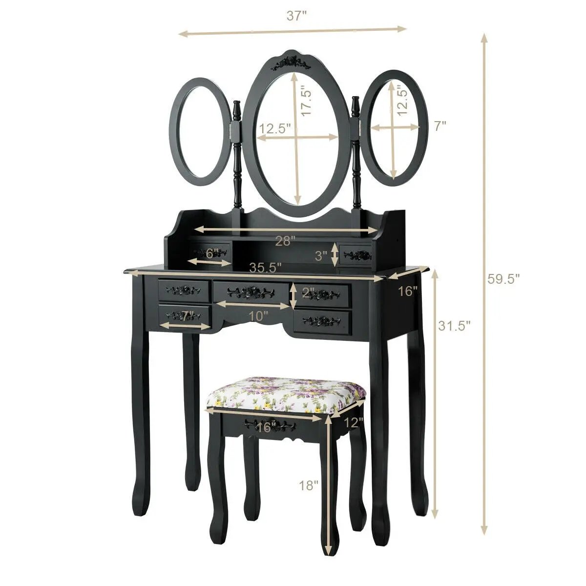 7 Drawer Tri-Folding Mirror Dressing Vanity Makeup Set by DirectDeals