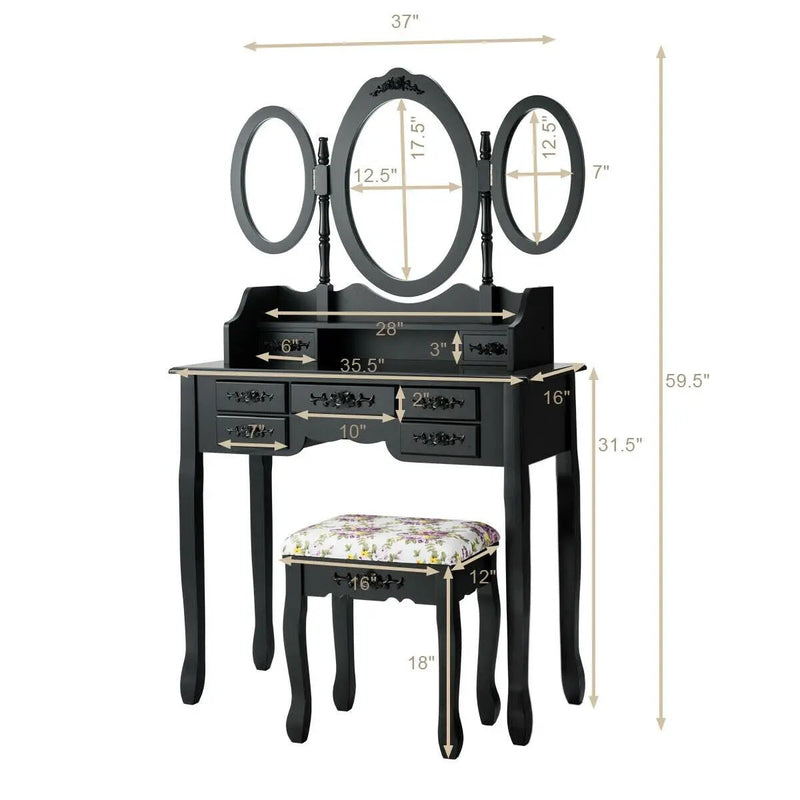 7 Drawer Tri-Folding Mirror Dressing Vanity Makeup Set by DirectDeals