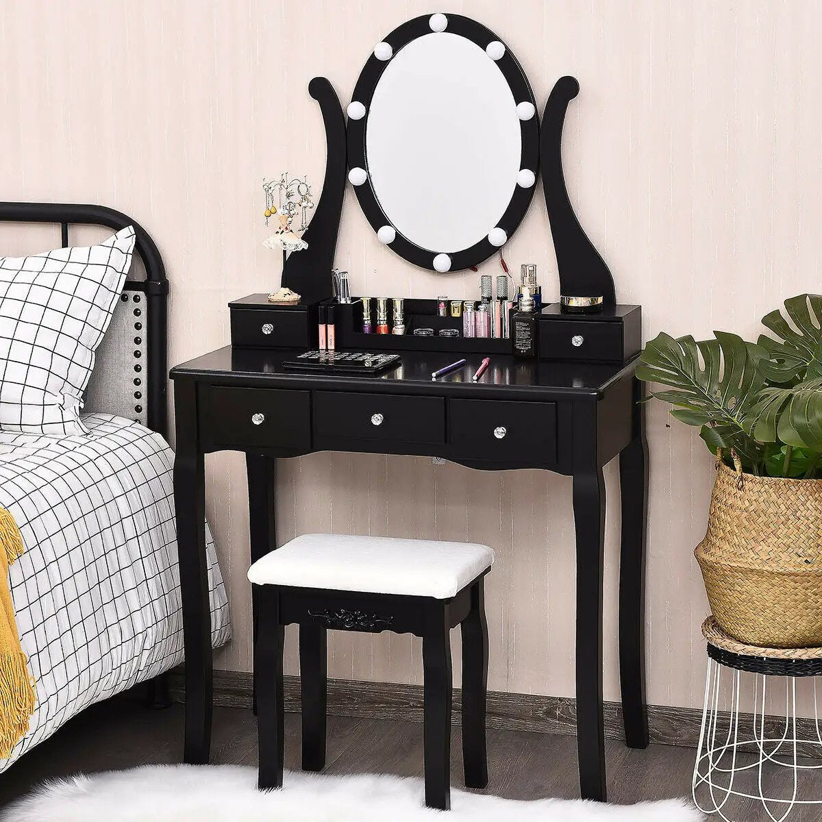 10 Dimmable Lights Vanity Table Set with Lighted Mirror and Cushioned Stool by DirectDeals
