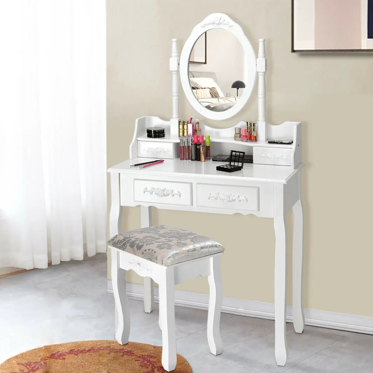 Vanity Table Set with Oval Mirror and 4 Drawers-White by DirectDeals
