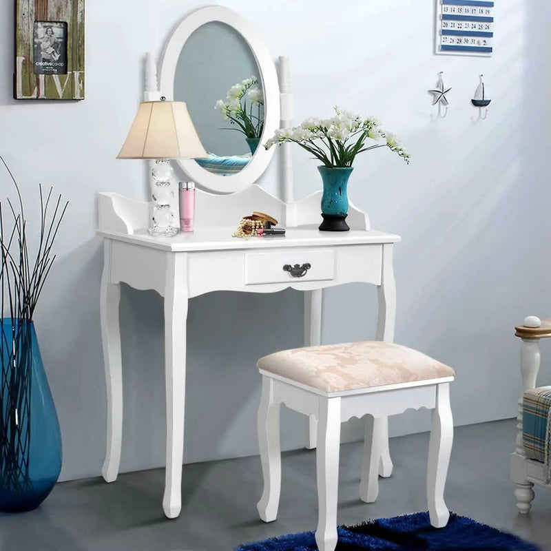 Wooden Vanity Makeup Set with Cushioned Stool and Oval Rotating Mirror by DirectDeals