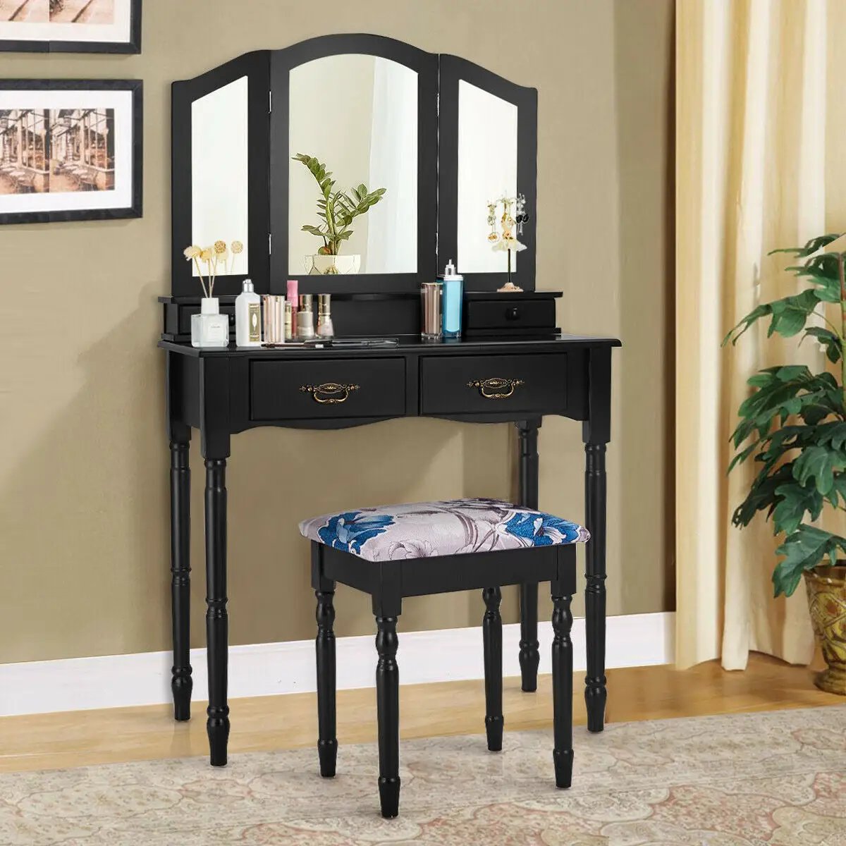 Simple Vanity Set with Tri-Folding Mirror Drawers and Storage Shelf by DirectDeals