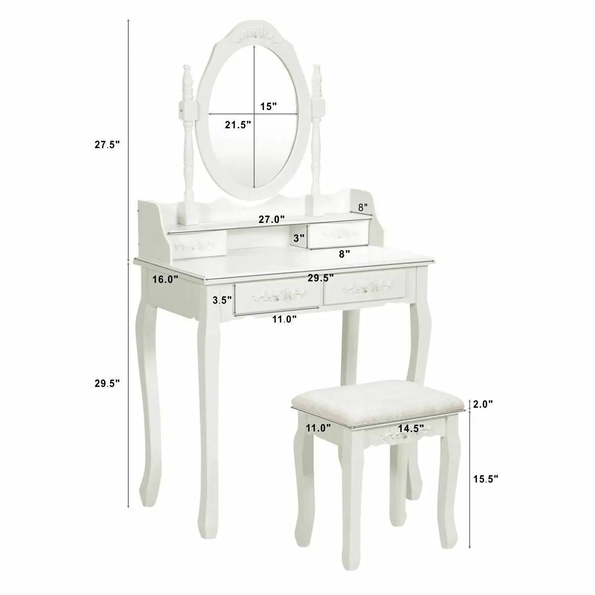 Wood Vanity Table Set with Oval Mirror and 4 Drawers for Kids Girls Women-White by DirectDeals