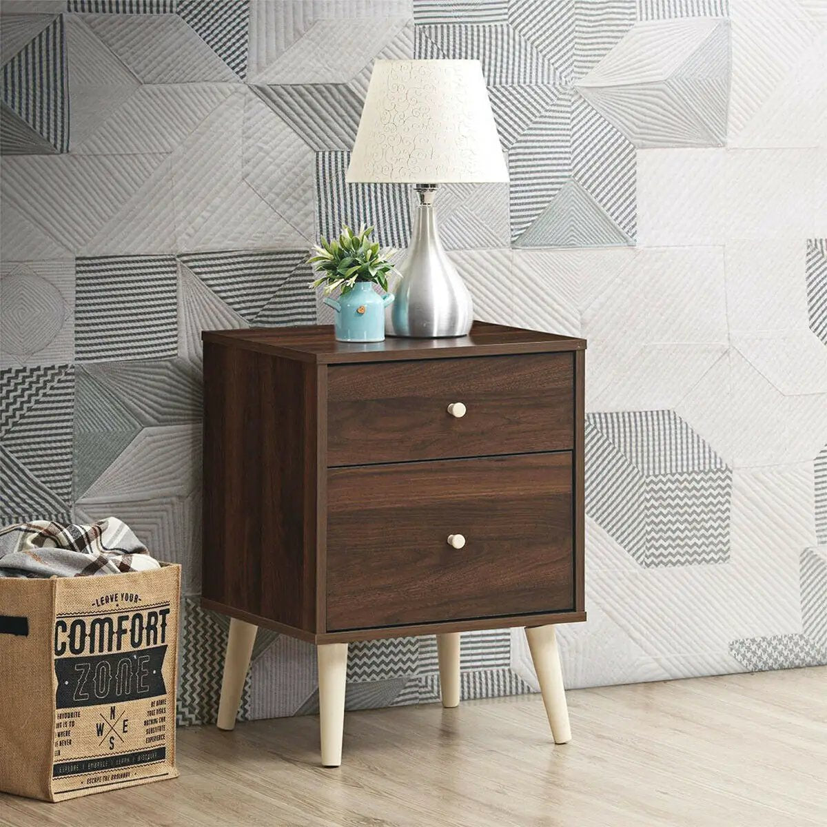 2-Drawer Nightstand Beside End Side Table with Rubber Legs by DirectDeals