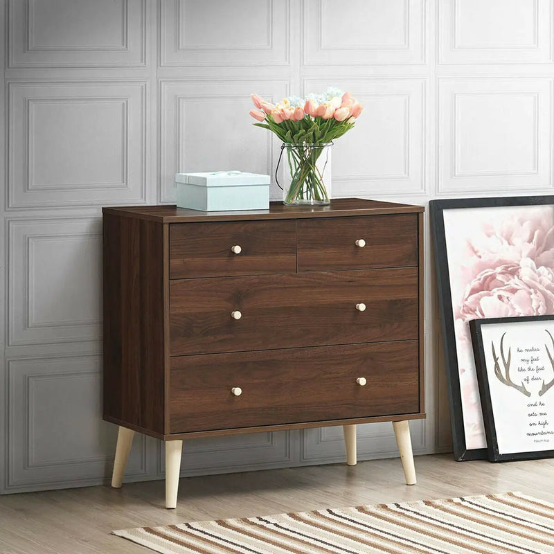 4-Drawer Dresser Cabinet Storage Organizer Rubber Leg with Rail-Brown by DirectDeals