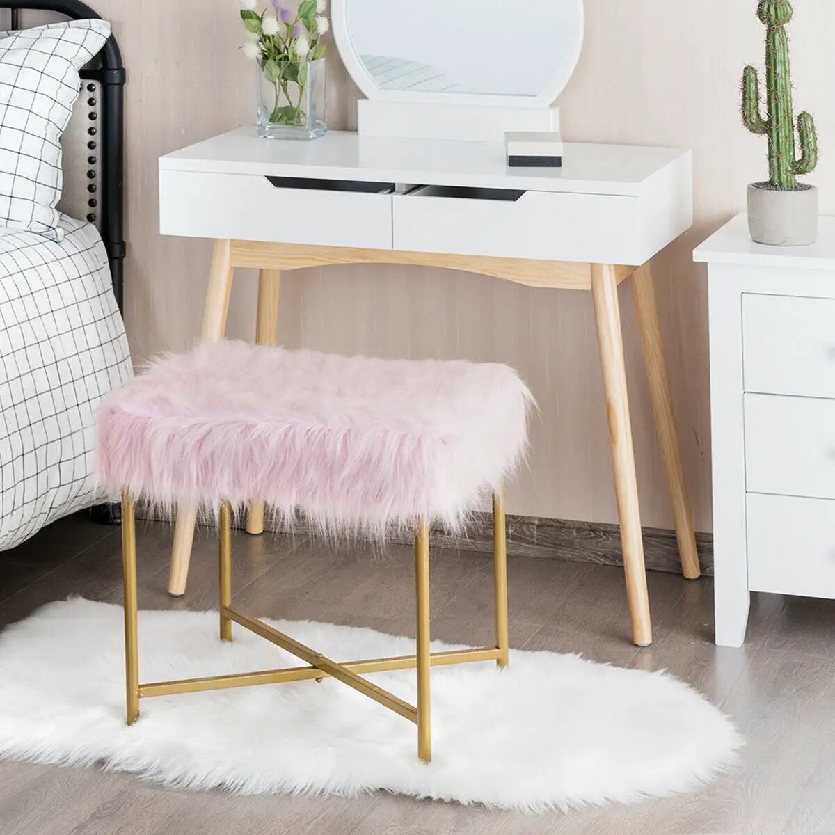 Faux Fur Ottoman Decorative Stool with Metal Legs by DirectDeals