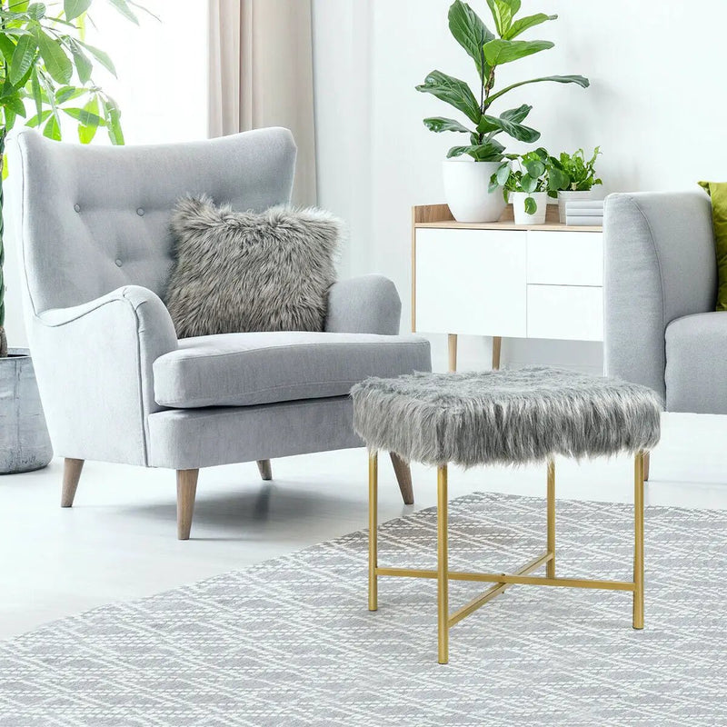 Faux Fur Ottoman Decorative Stool with Metal Legs by DirectDeals