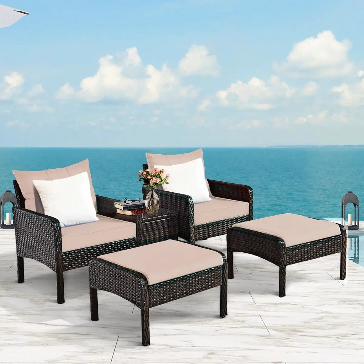 5-Piece Patio Rattan Sofa Set with Ottomans & Table by DirectDeals