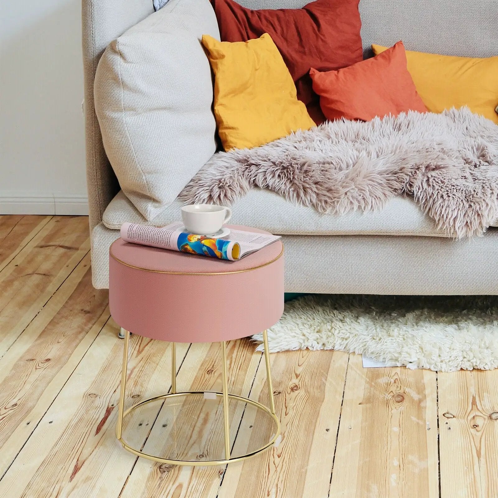 Round Velvet Footrest Stool Ottoman with Non-Slip Foot Pads for Bedside by DirectDeals