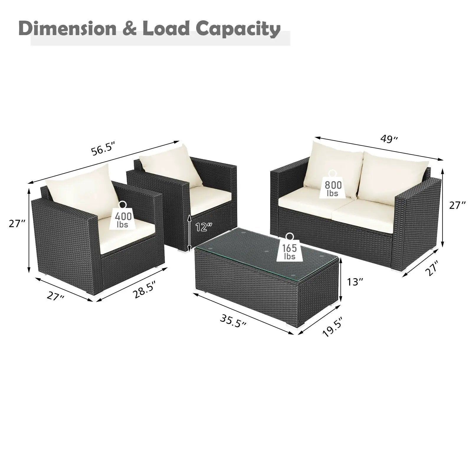 4 Pieces Patio Rattan Conversation Set with Cushions and Coffee Table-Black by DirectDeals