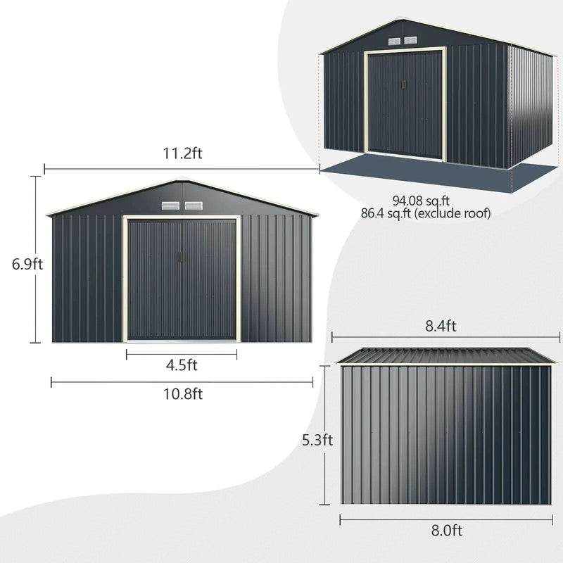 11 x 8 Feet Metal Storage Shed for Garden and Tools with 2 Lockable Sliding Doors-Gray by DirectDeals