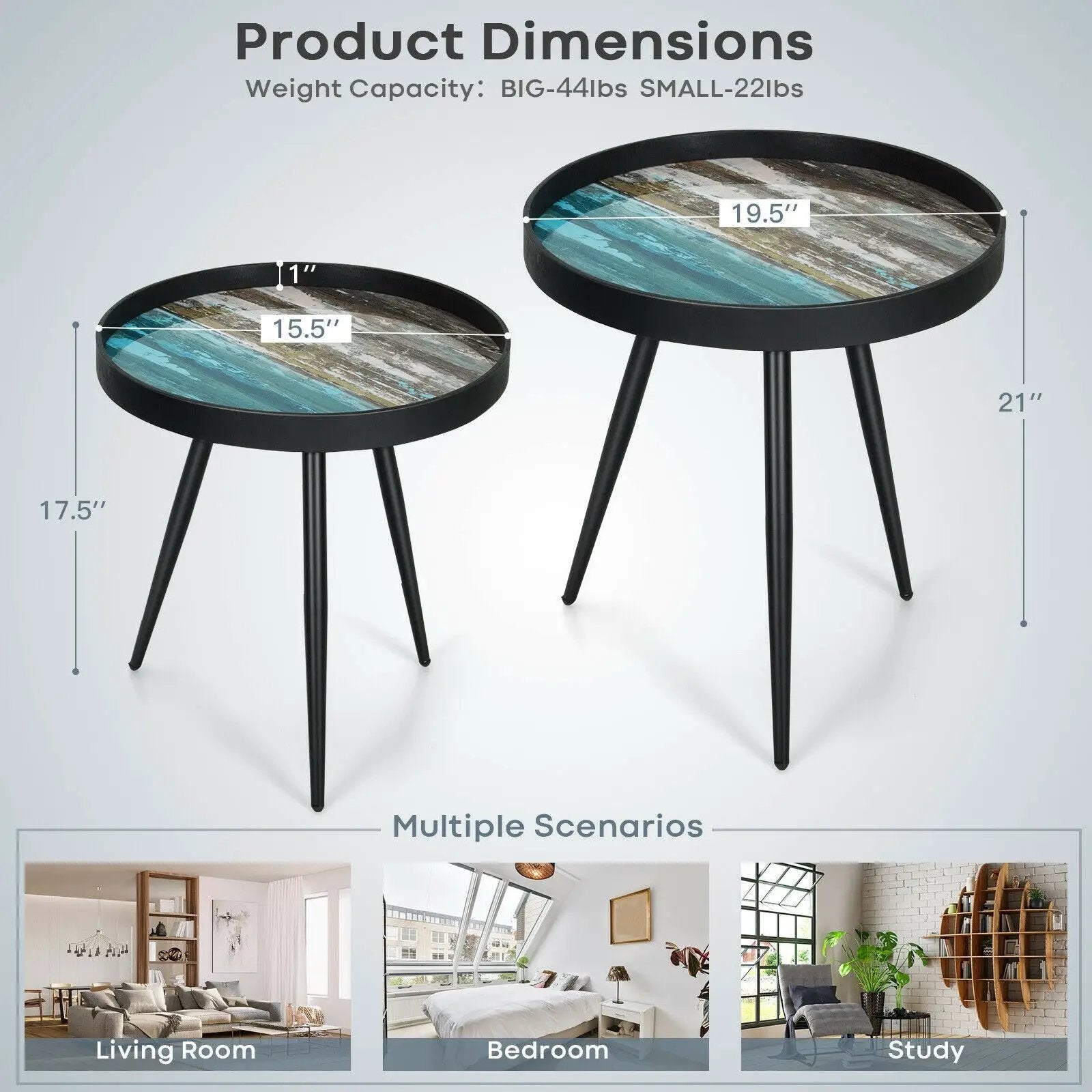 Set of 2 Stylish Nesting End Tables with Wooden Tray Top and Steel Legs-Black by DirectDeals