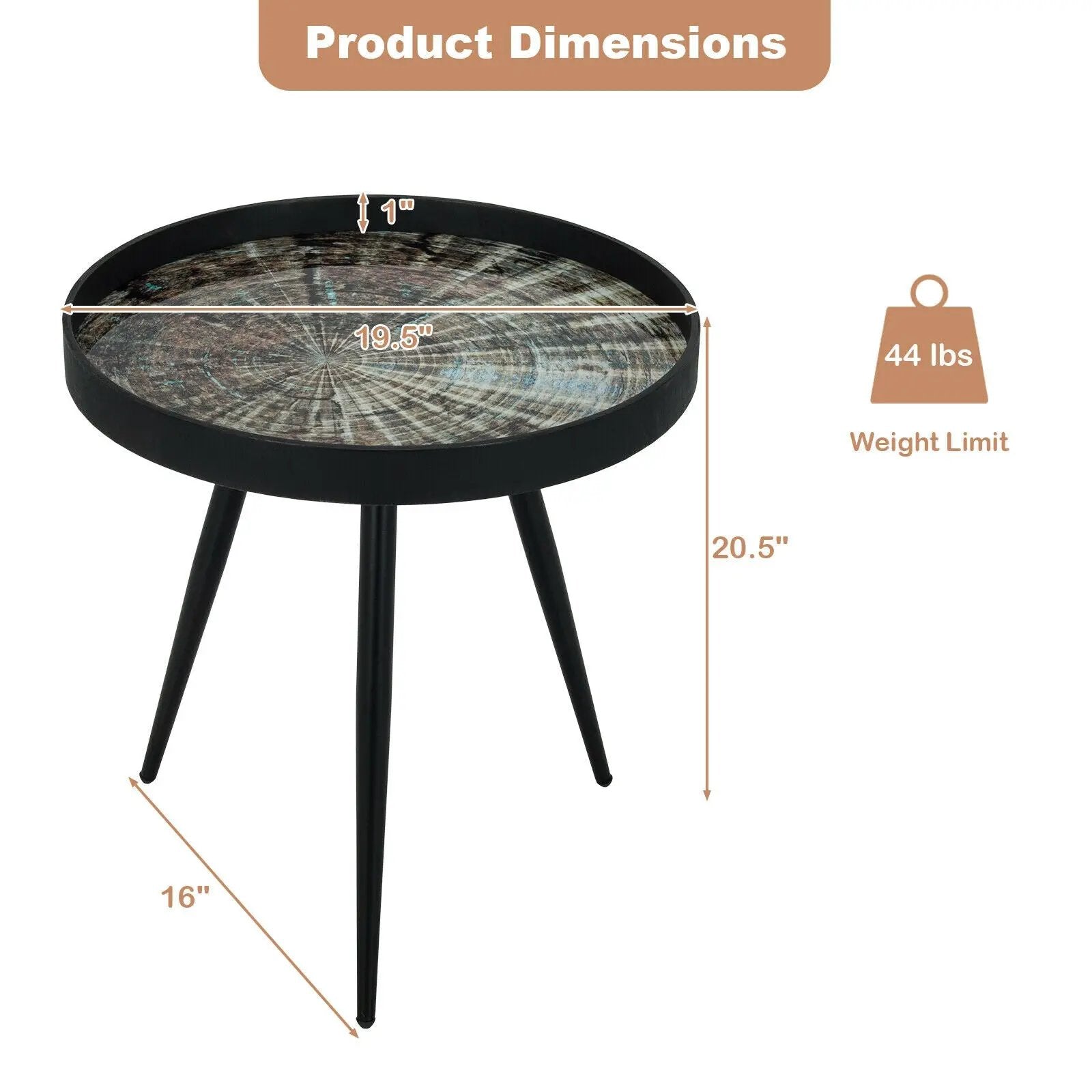 Modern Round End Table with Wooden Tray Top for Living Room Bedroom-Black by DirectDeals