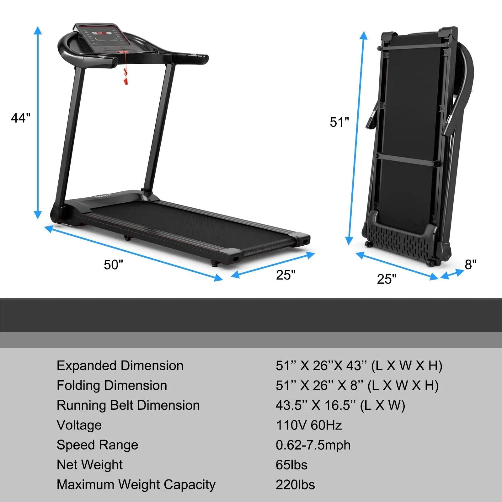 2.25HP Electric Folding Treadmill with HD LED Display and APP Control Speaker by DirectDeals