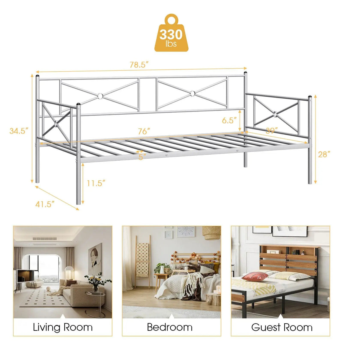 Metal Daybed Twin Bed Frame Stable Steel Slats Sofa Bed by DirectDeals