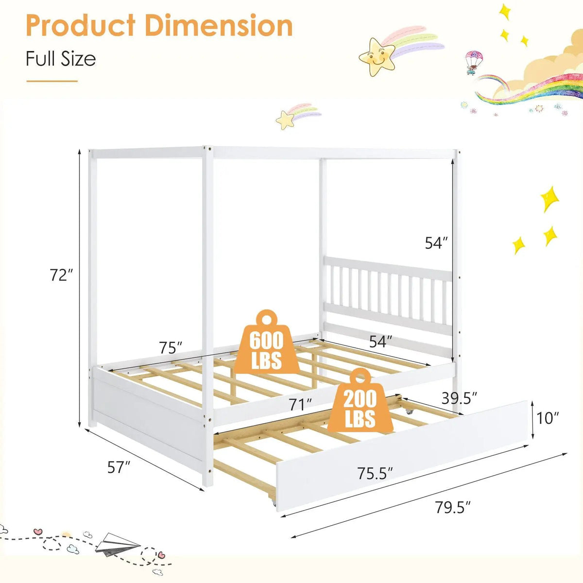 Full Size Canopy Bed with Trundle Wooden Platform Bed Frame Headboard by DirectDeals