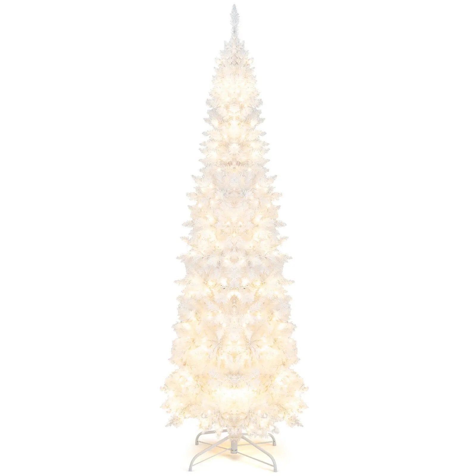 7 Feet Pre-Lit Hinged Pencil Christmas Tree White with 300 LED Lights and 8 Flash Modes by DirectDeals