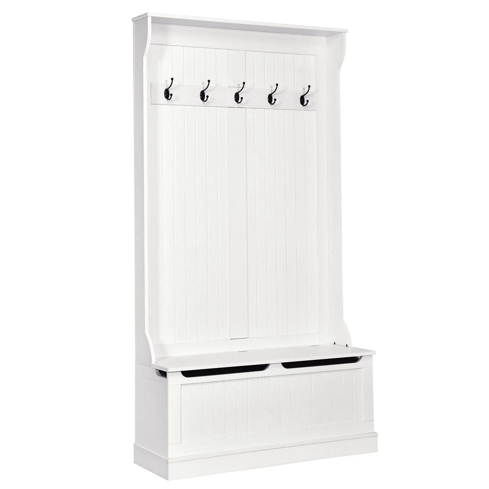 3-in-1 Entryway Hall Tree Coat Rack Shoe Bench with Hooks and Bottom Storage-White by DirectDeals