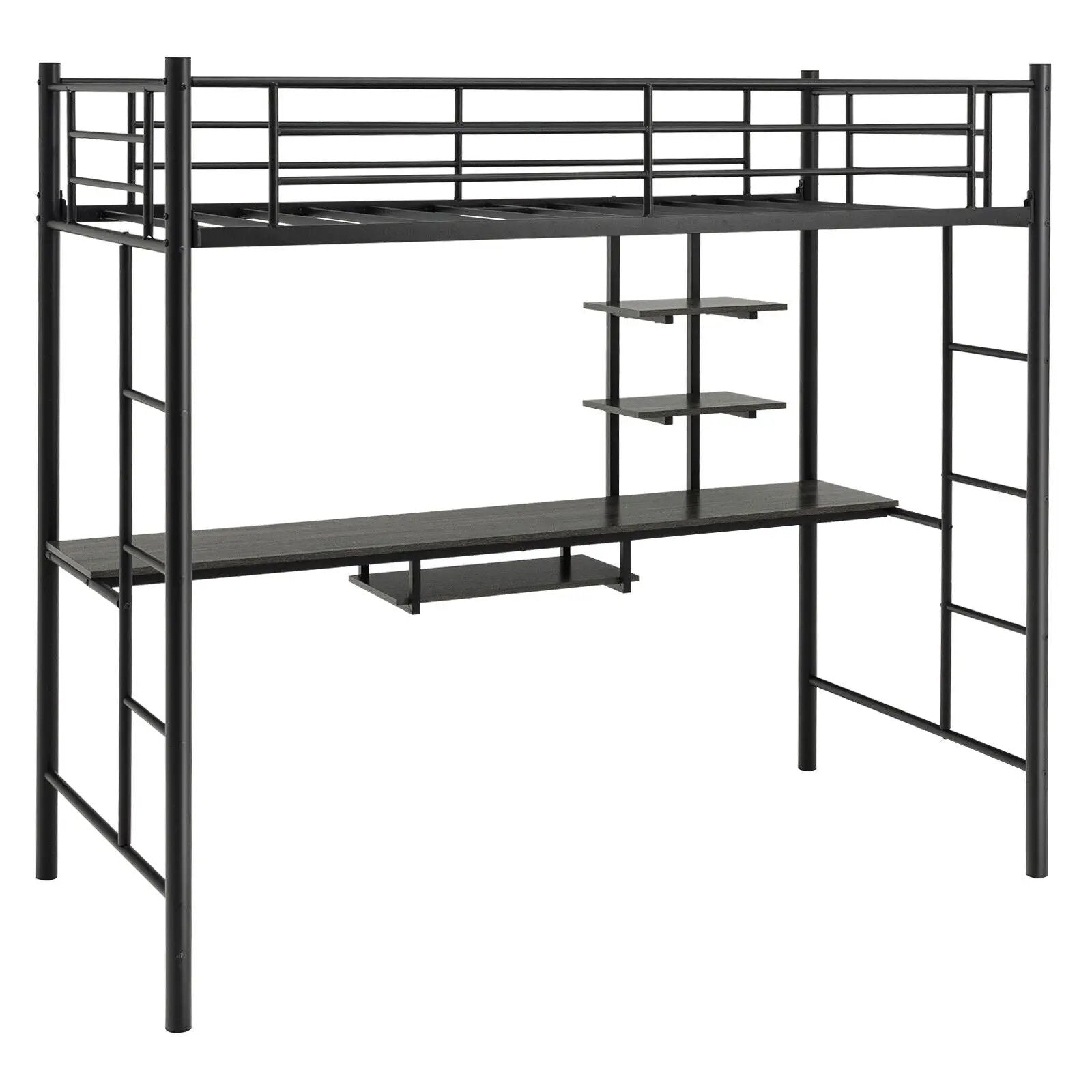 Twin Size Loft Bunk Bed with Desk Storage Shelf and Full Length Ladders-Black by DirectDeals