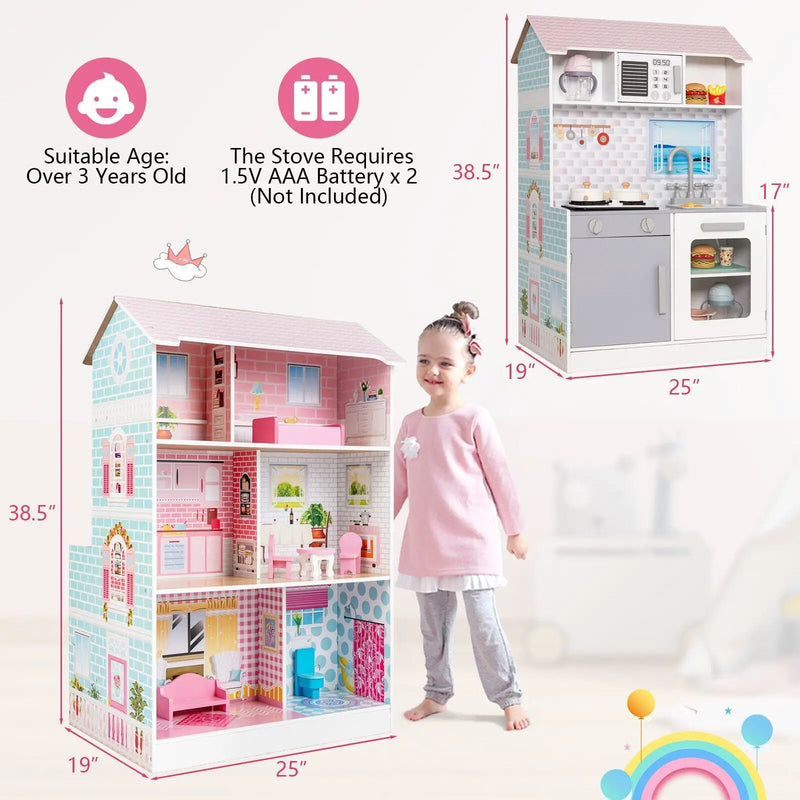 2-In-1 Double Sided Kids Kitchen Playset and Dollhouse with Furniture by DirectDeals