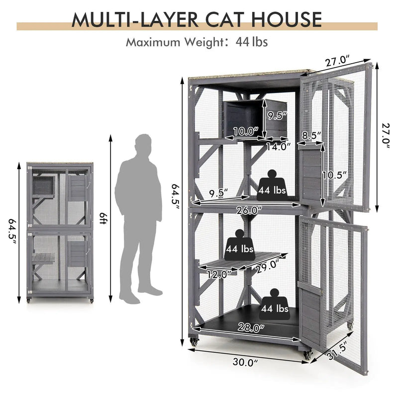 Outdoor Cat House Enclosures on Wheels Kitten Cages with Resting Box-Gray by DirectDeals