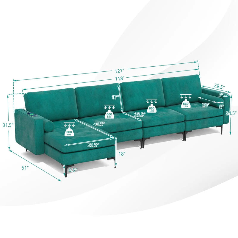 Modular L-shaped 4-Seat Sectional Sofa with Reversible Chaise and 2 USB Socket by DirectDeals