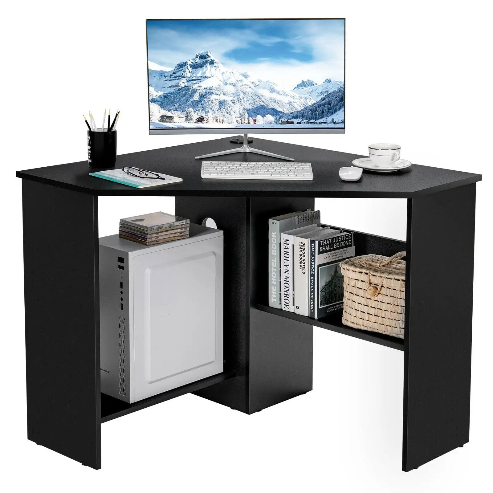 Corner Computer Desk with Storage Shelf - Triangle Design by DirectDeals