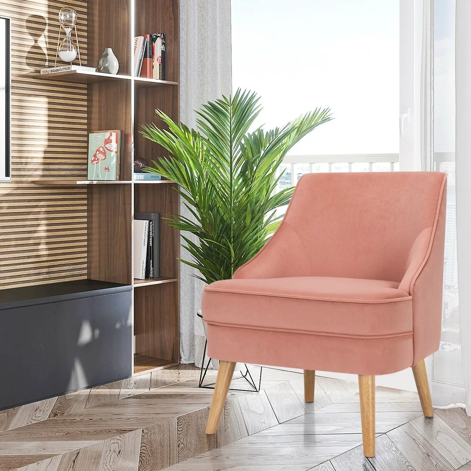Mid Century Velvet Accent Chair with Rubber Wood Legs for Bedroom by DirectDeals
