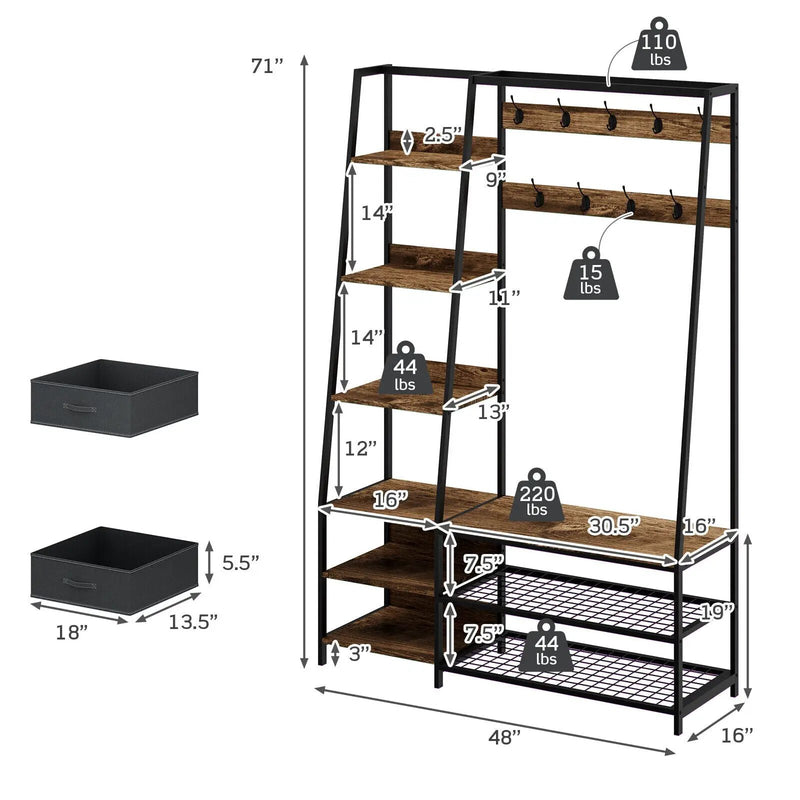 6-in-1 Freestanding Hall Tree Coat Rack with Bench and Fabric Dressers-Rustic Brown by DirectDeals