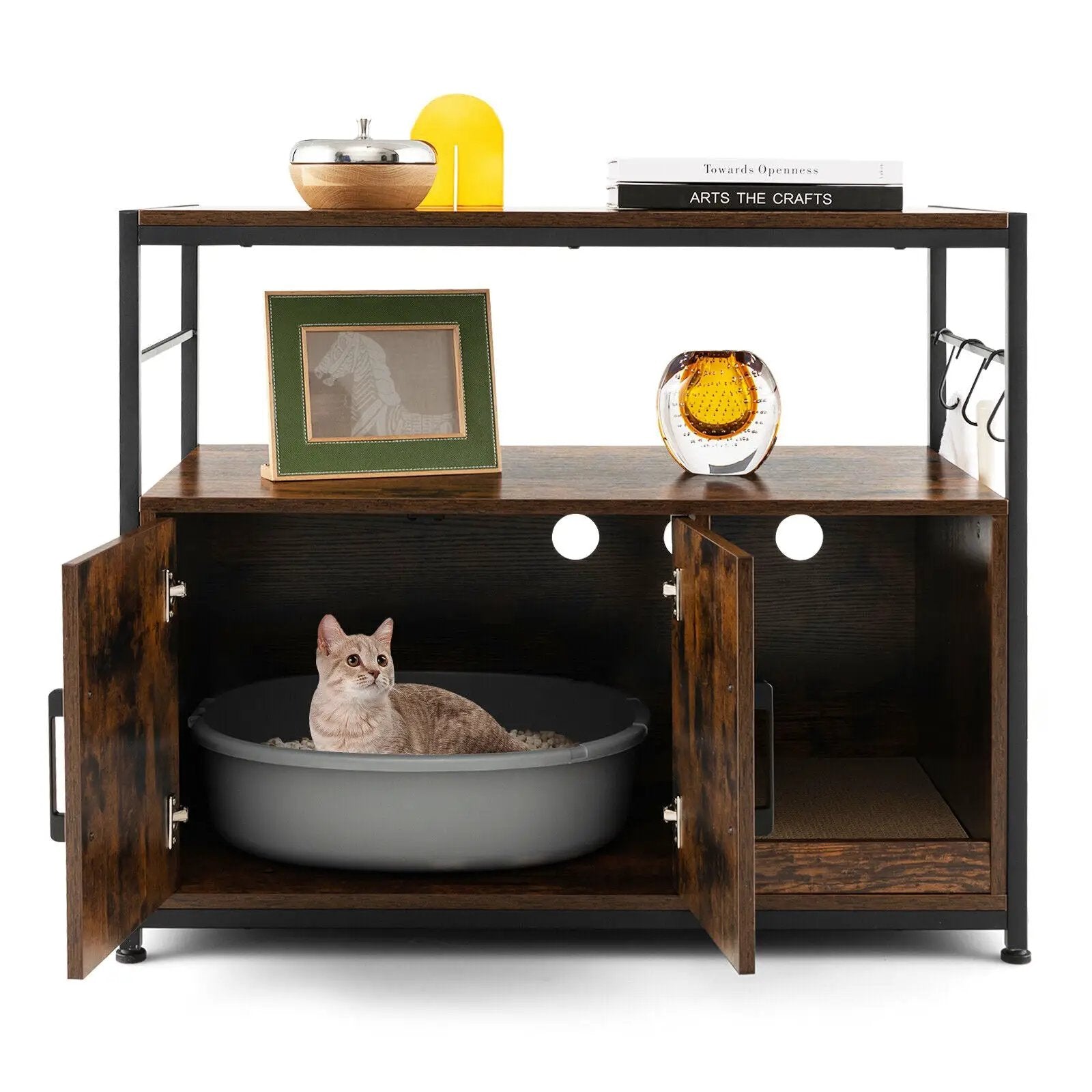 Wooden Cat Box Cabinet with with Metal Frame and Scratching Pad-Rustic Brown by DirectDeals